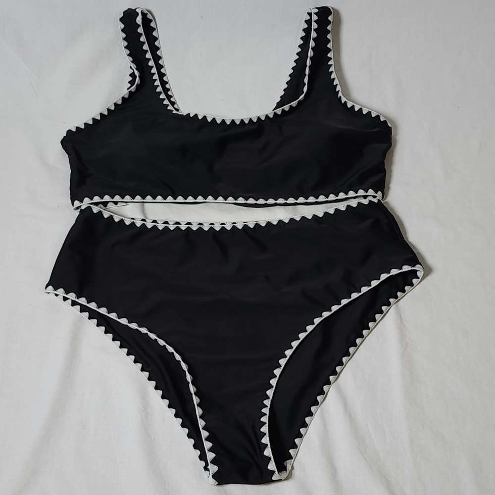 Two Piece Bikini Swimsuit Whipstitched Triangle Trim Black Large Women's